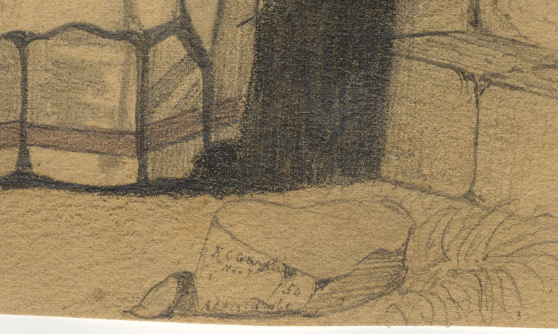 E. Garstin, Lady with Tambourine in Italianate Landscape – 1854 graphite drawing