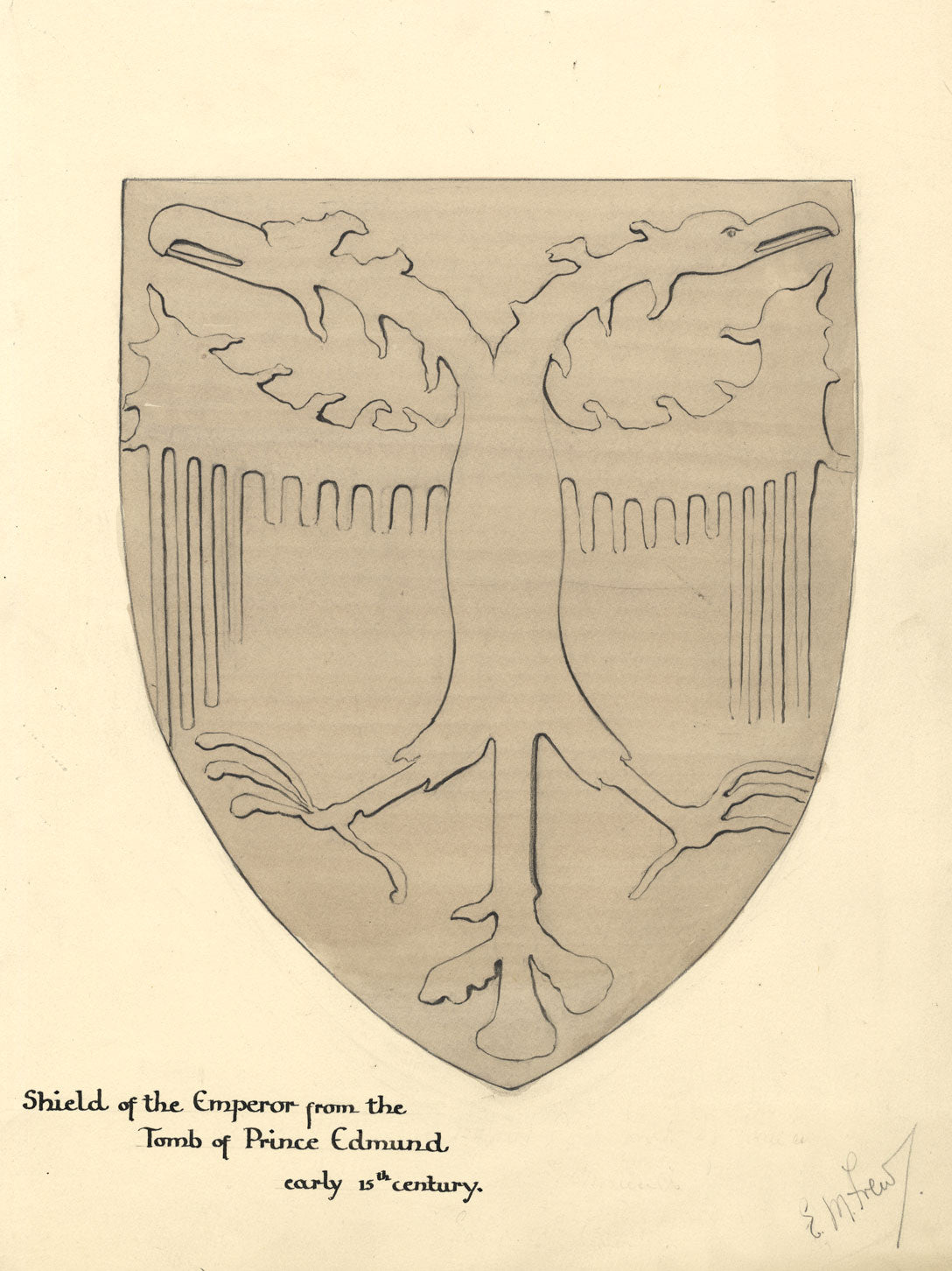 Ellen M. Murray Thomson, Carved Shield, Tomb of Prince Edmund – c.1910s drawing