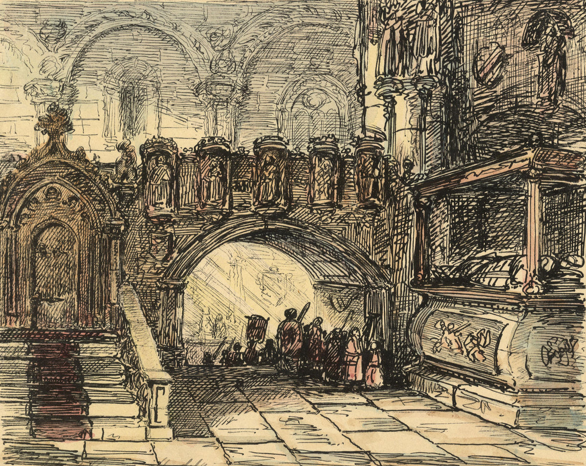 Alfred Crowquill, Church Interior with Procession – mid-19th-century ink drawing
