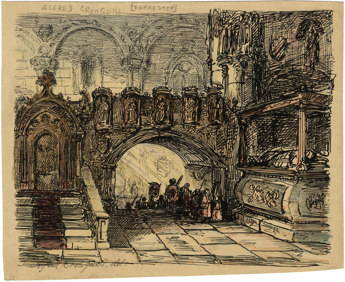 Alfred Crowquill, Church Interior with Procession – mid-19th-century ink drawing