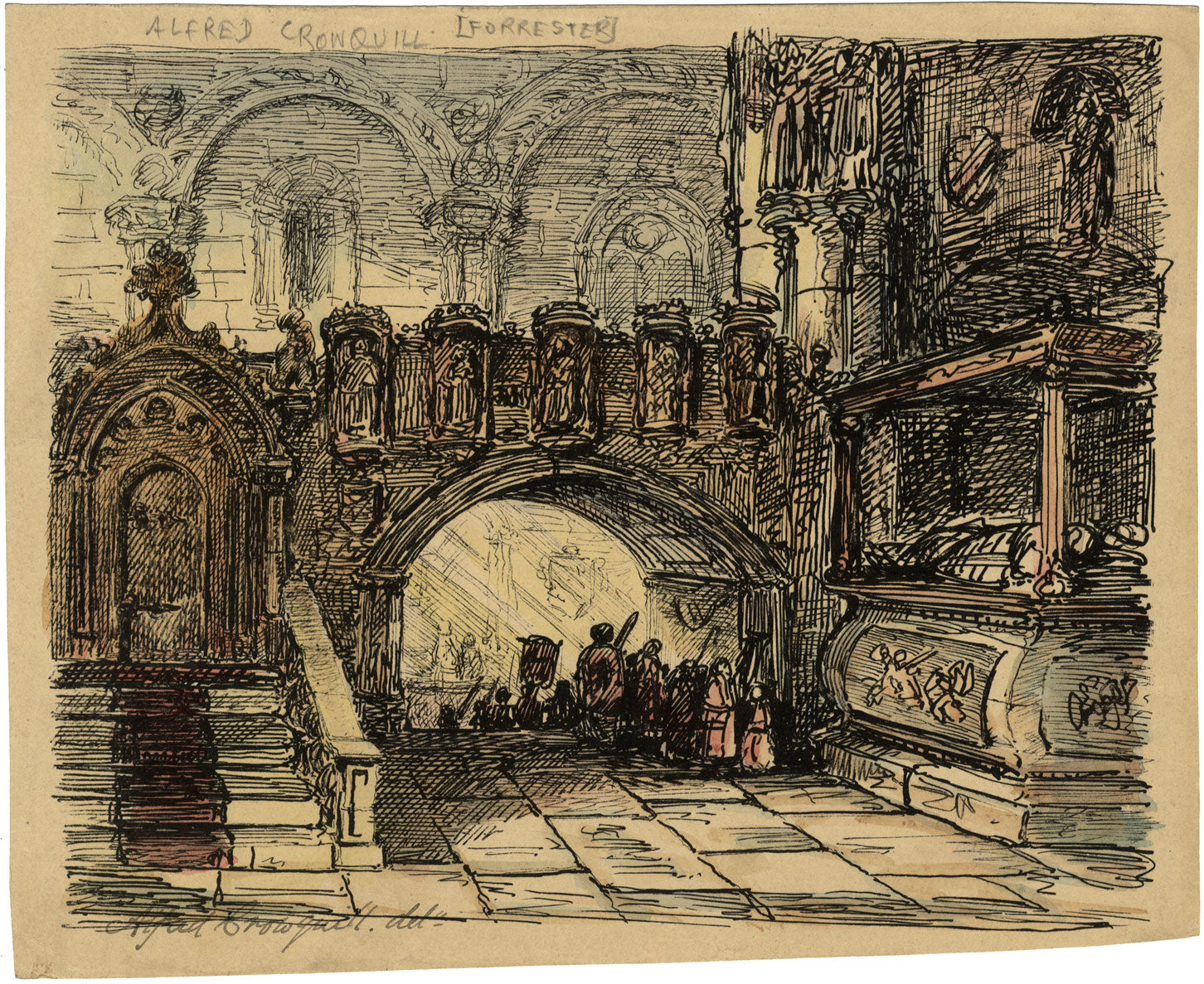 Alfred Crowquill, Church Interior with Procession – mid-19th-century ink drawing