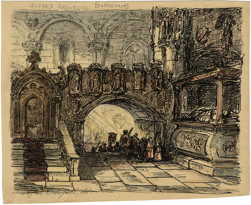 Alfred Crowquill, Church Interior with Procession – mid-19th-century ink drawing