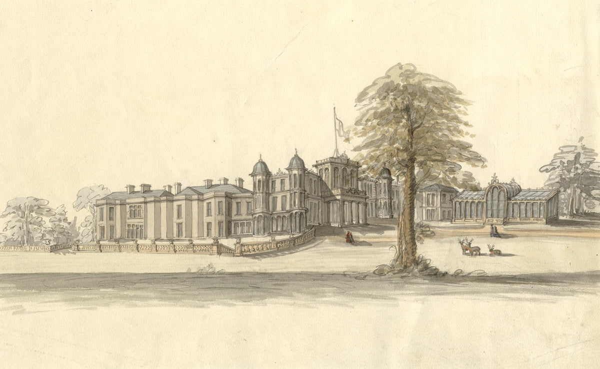 Stately Home with Greenhouse & Deer Park – late 19th-century watercolour painting