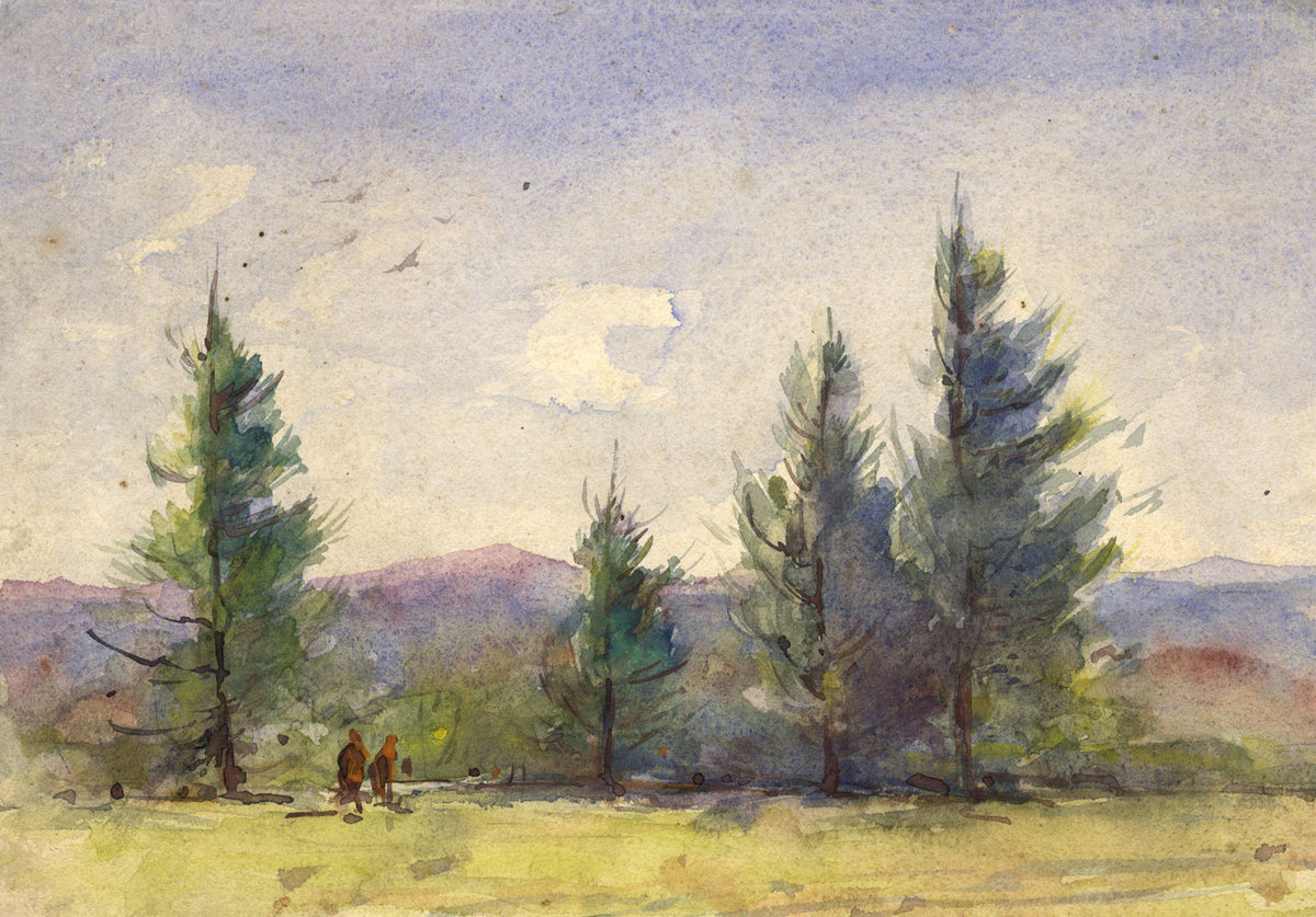 Pine Tree Landscape with Figures – early 20th-century watercolour painting