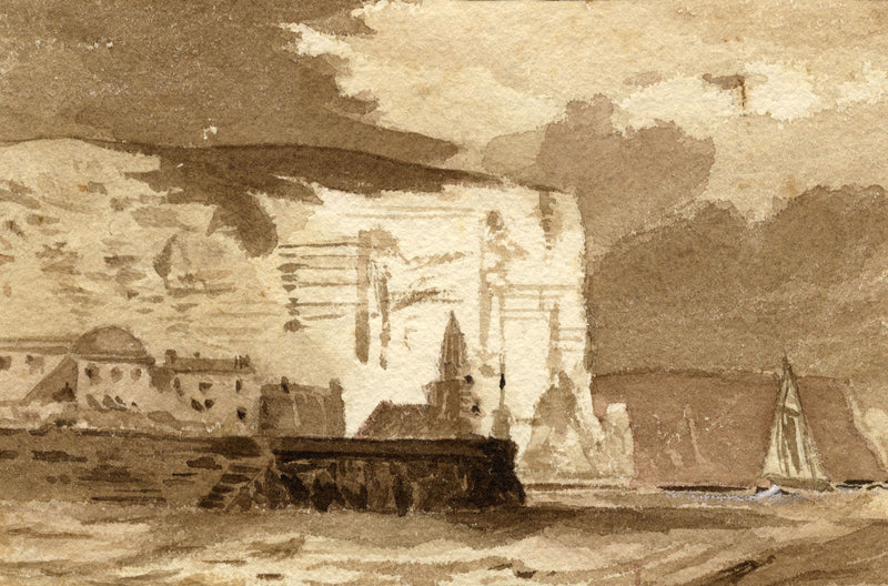 M. Capel Cure, White Cliffs & Sea Wall in Sepia – c.1890 watercolour painting