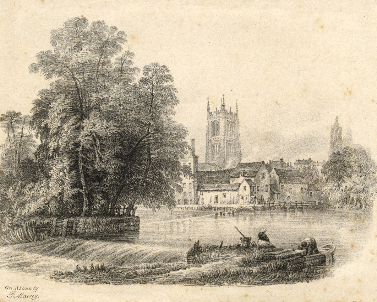 Thomas Maisey PNWS, Riverside with Church & Weir – early 19th-century lithograph