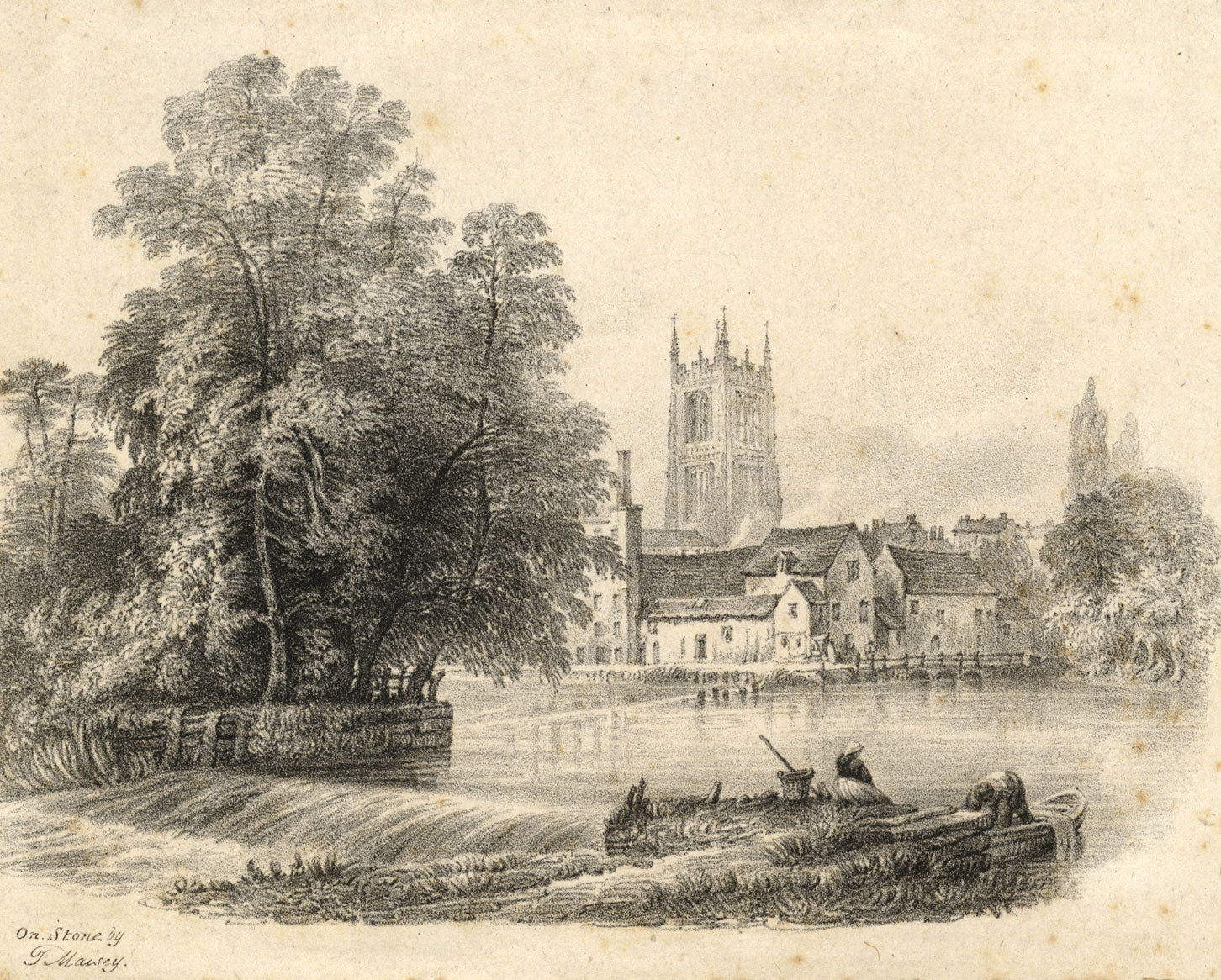 Thomas Maisey PNWS, Riverside with Church & Weir – early 19th-century lithograph