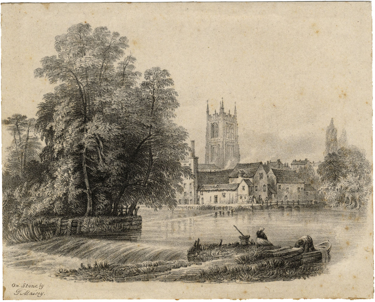 Thomas Maisey PNWS, Riverside with Church & Weir – early 19th-century lithograph
