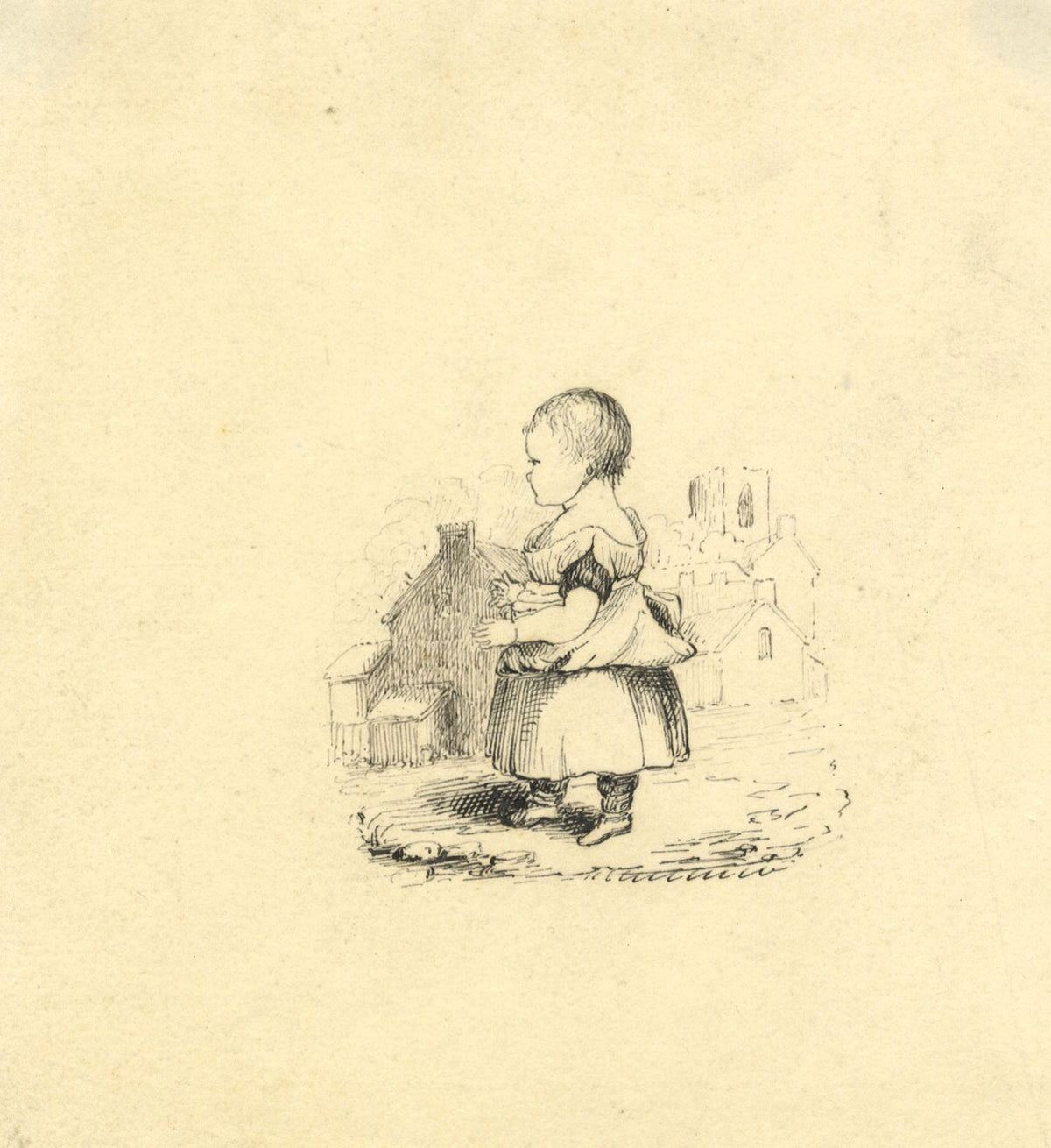 Young Child on Street – Original early 19th-century pen & ink drawing