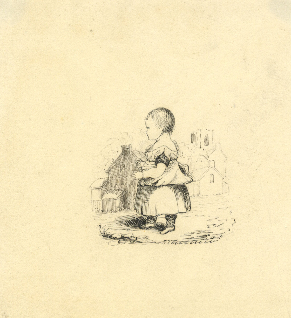 Young Child on Street – Original early 19th-century pen & ink drawing