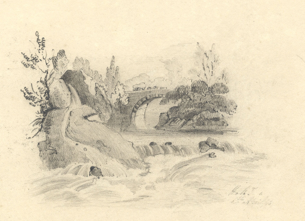 River Cascades with Stone Bridge – Original early 19th-century graphite drawing