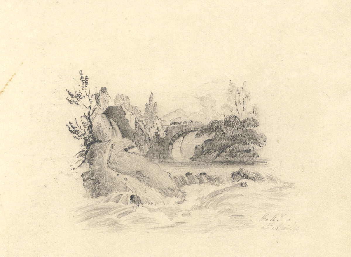 River Cascades with Stone Bridge – Original early 19th-century graphite drawing