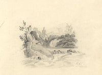 River Cascades with Stone Bridge – Original early 19th-century graphite drawing