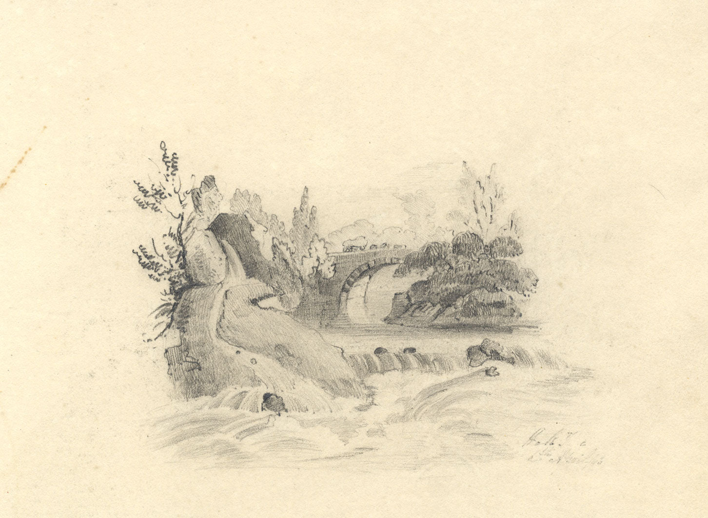 River Cascades with Stone Bridge – Original early 19th-century graphite drawing
