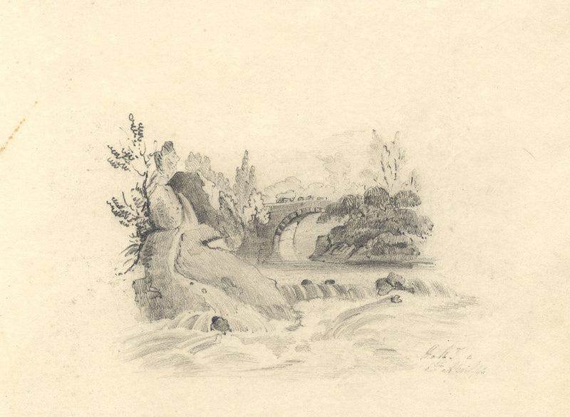 River Cascades with Stone Bridge – Original early 19th-century graphite drawing