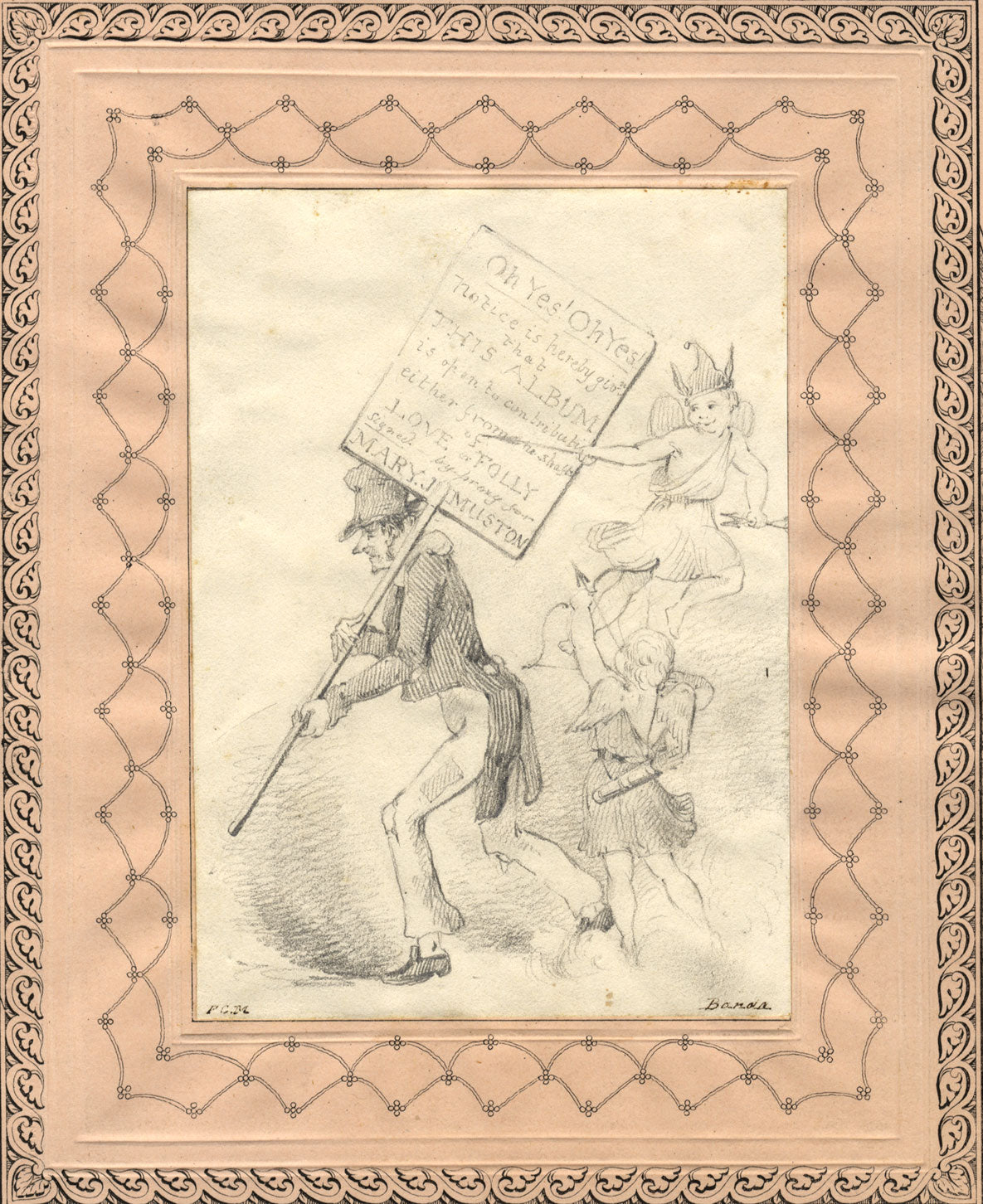 Album Frontispiece 'Love or Folly' Placard – early 19th-century graphite drawing