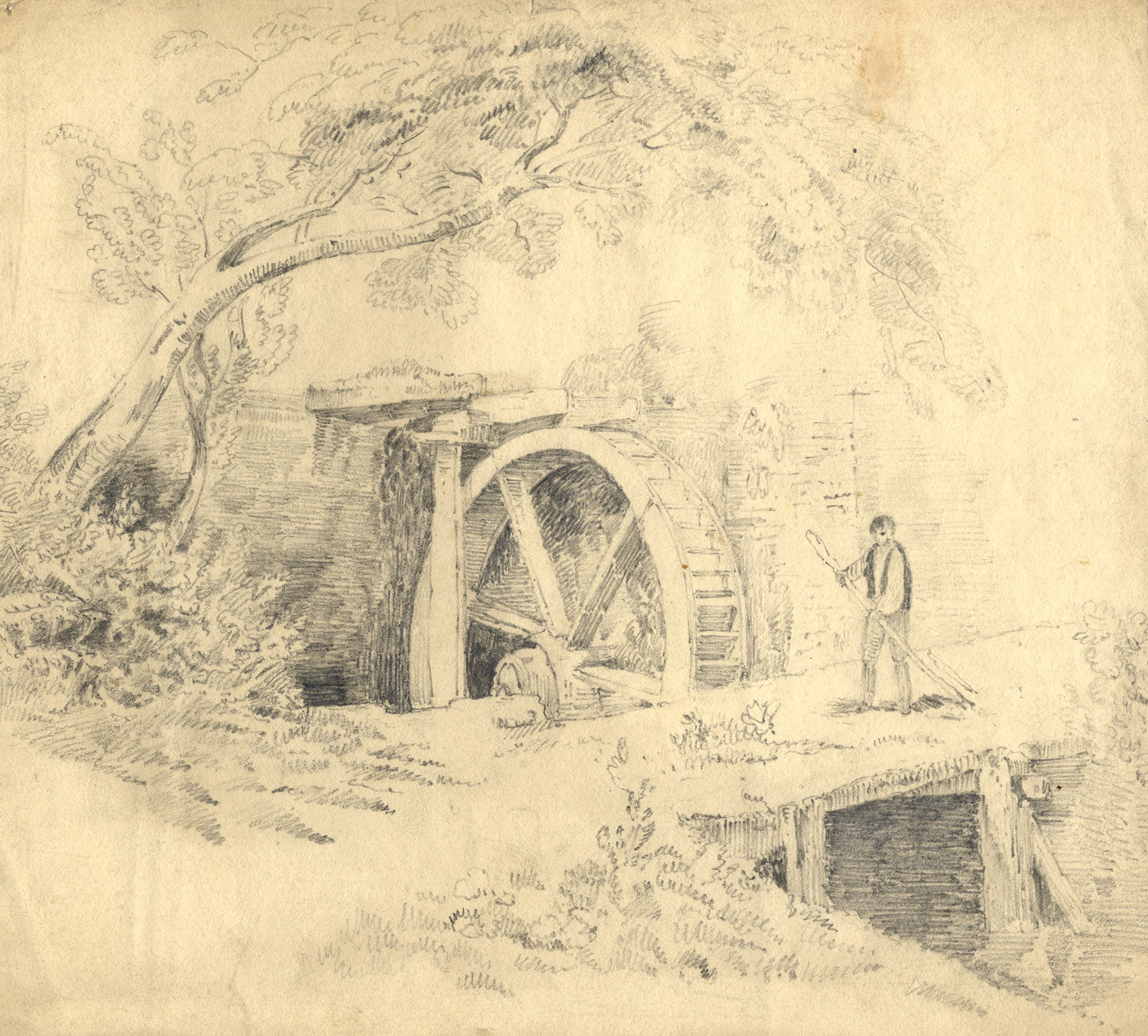 A.M. Yorke, Watermill with Figure – Original 1821 graphite drawing
