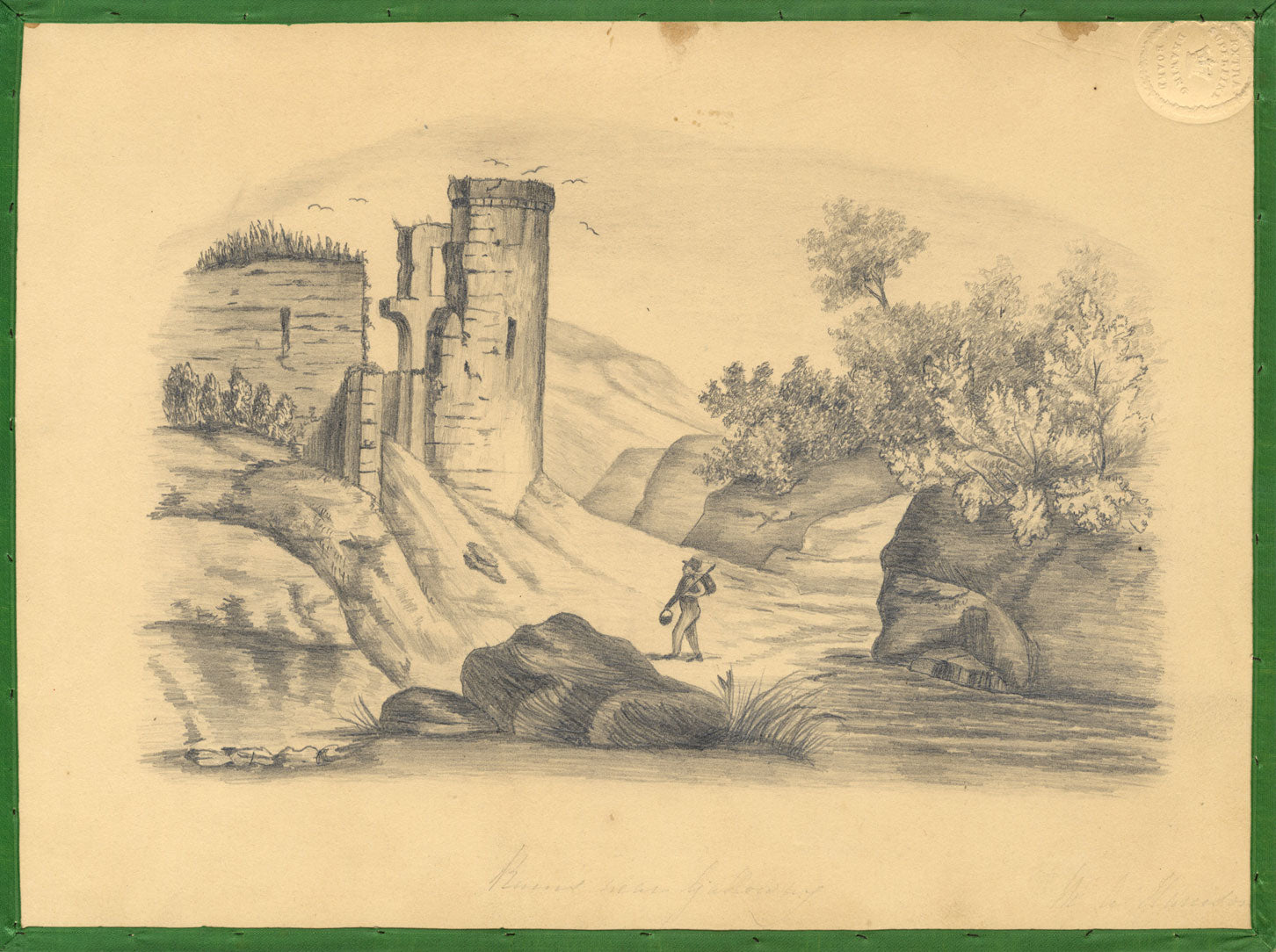 MA Harrison, Ruinas cerca de Galloway con figura – dibujo de principios del siglo XIX