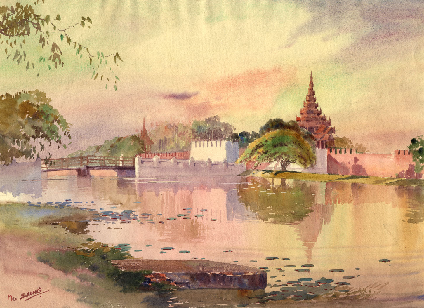 Saya Saung, Mandalay Palace Moat & Bridge, Burma –Early 20th-century watercolour