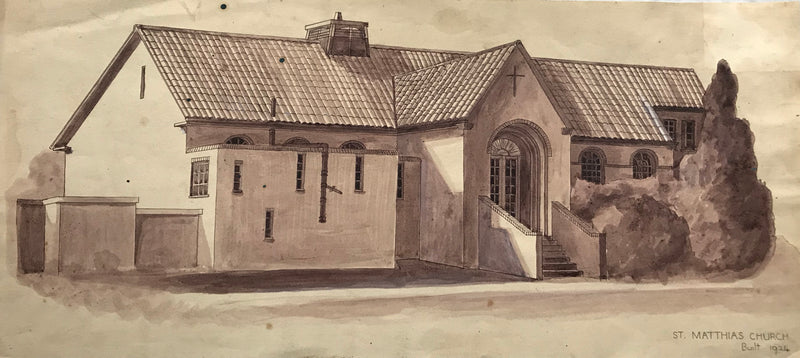 St Matthias' Church Built 1924 – Original mid-20th-century watercolour painting