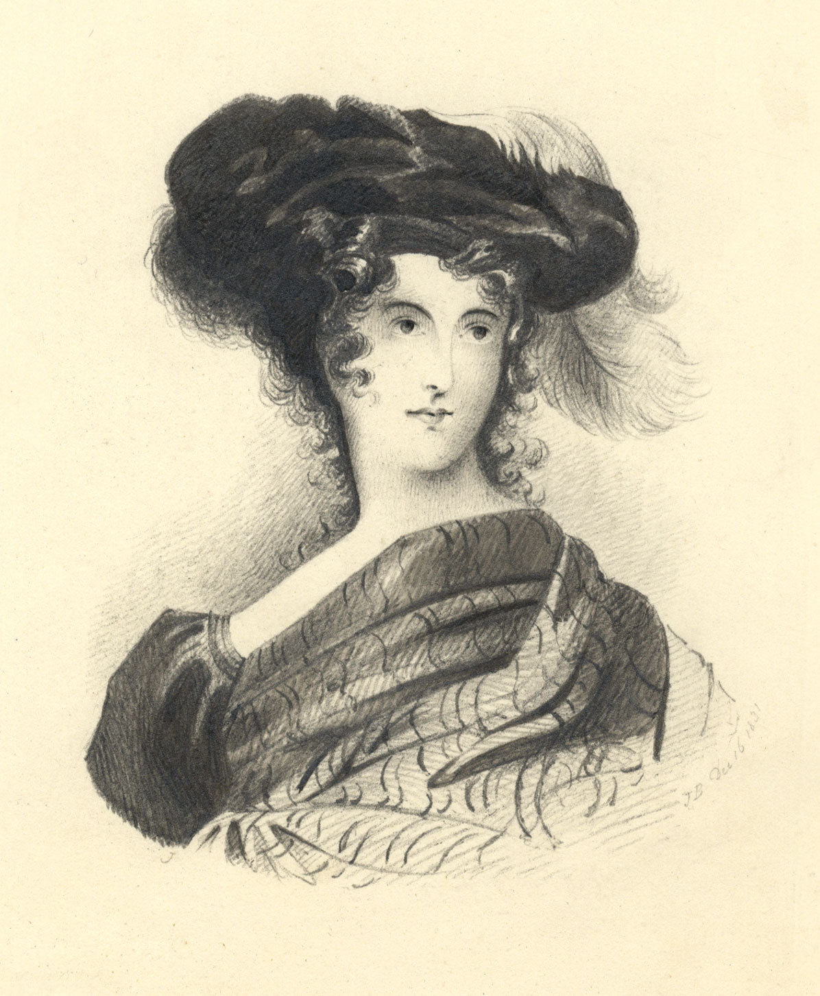 John Burton, Irish Woman in Tartan & Elizabethan Hat – 1831 graphite drawing