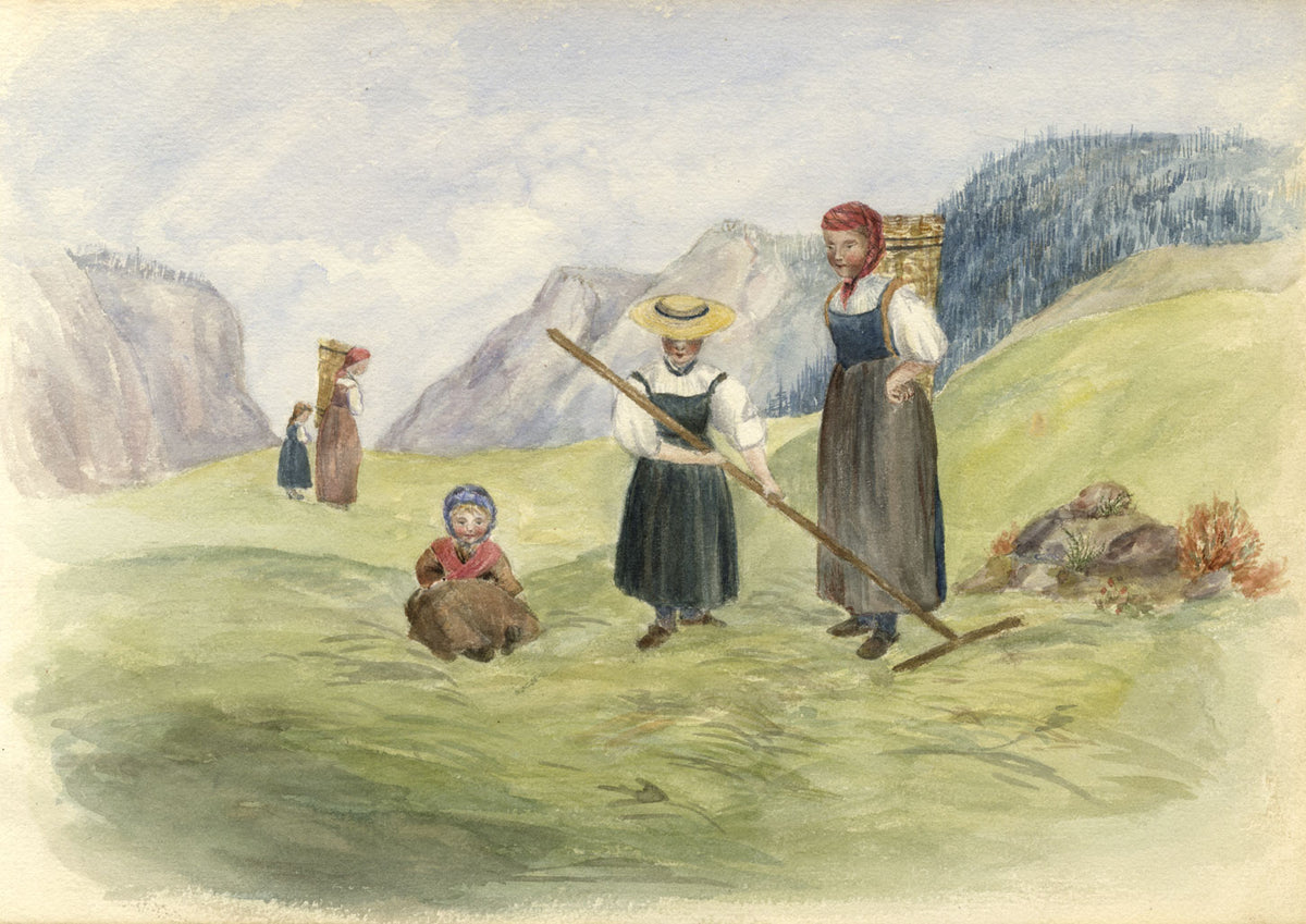 Alpine Children with Pack Baskets, Switzerland – 1870s watercolour