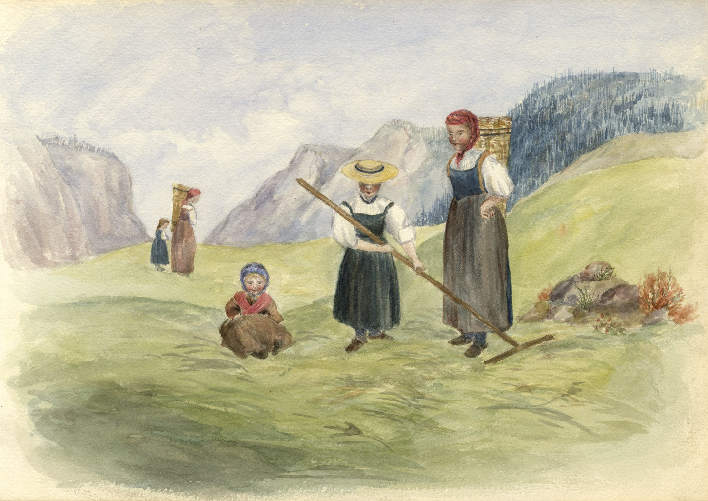 Alpine Children with Pack Baskets, Switzerland – 1870s watercolour