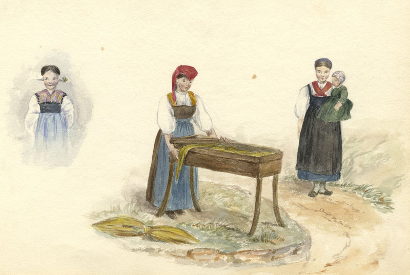 Women & Child in Swiss Local Dress – Original 1870s watercolour painting