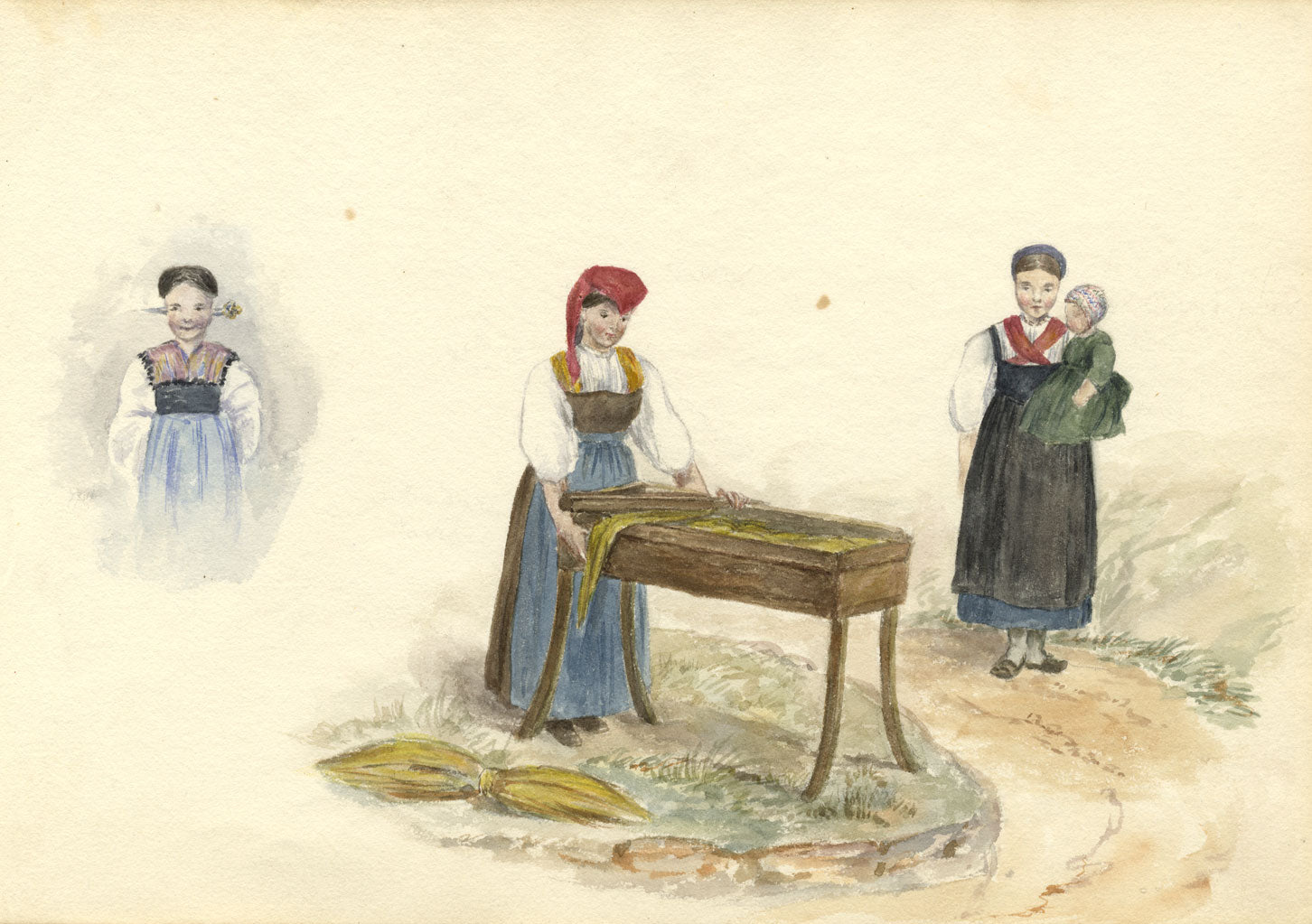 Women & Child in Swiss Local Dress – Original 1870s watercolour painting