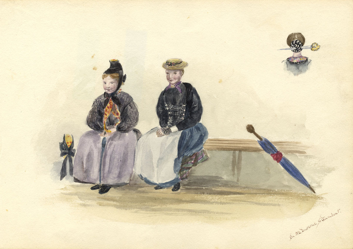Women on the Lucerne Steamboat, Switzerland – 1870s watercolour painting