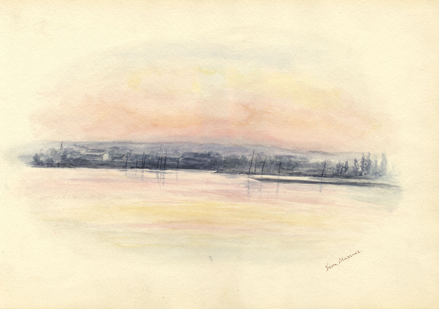 View from Mainz, River Rhine, Germany – Original 1870s watercolour painting