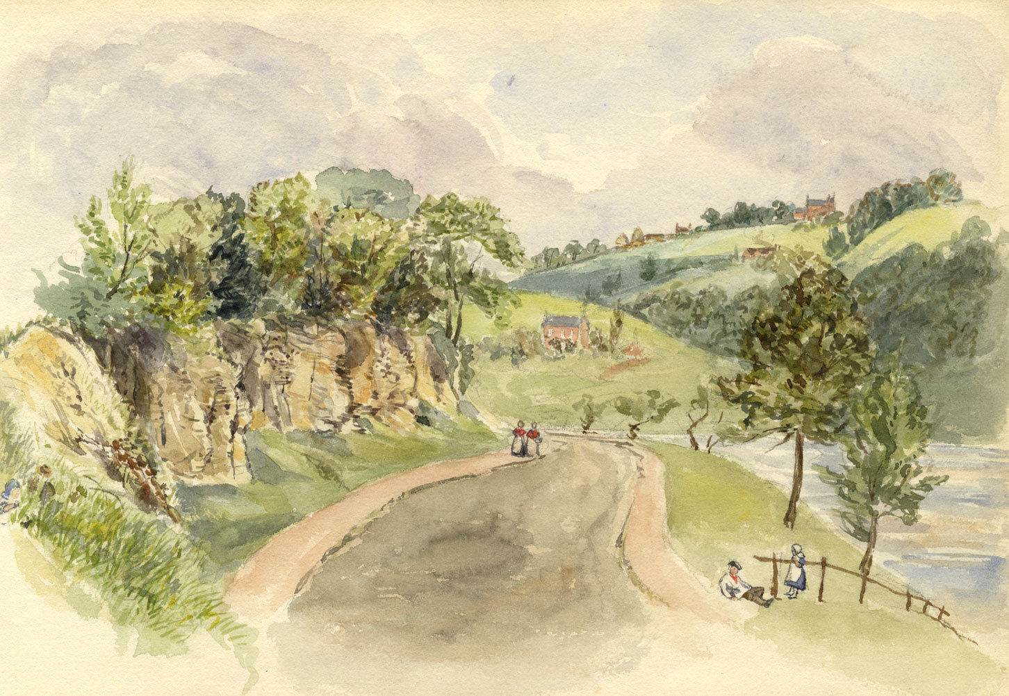 Riverbank with Figures – Original 1870s watercolour painting