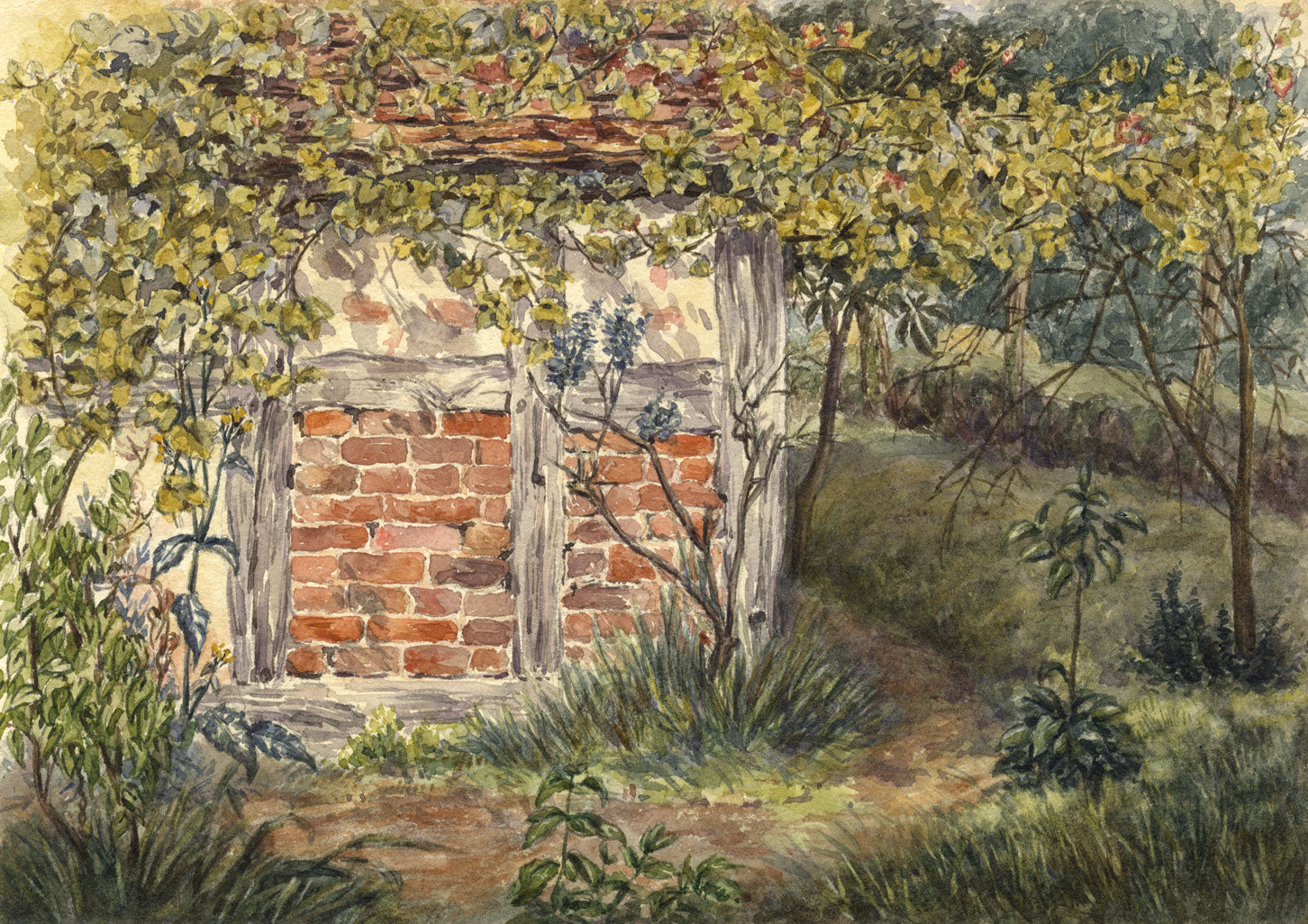 Timbered Building with Overgrown Vegetation – 1870s watercolour painting