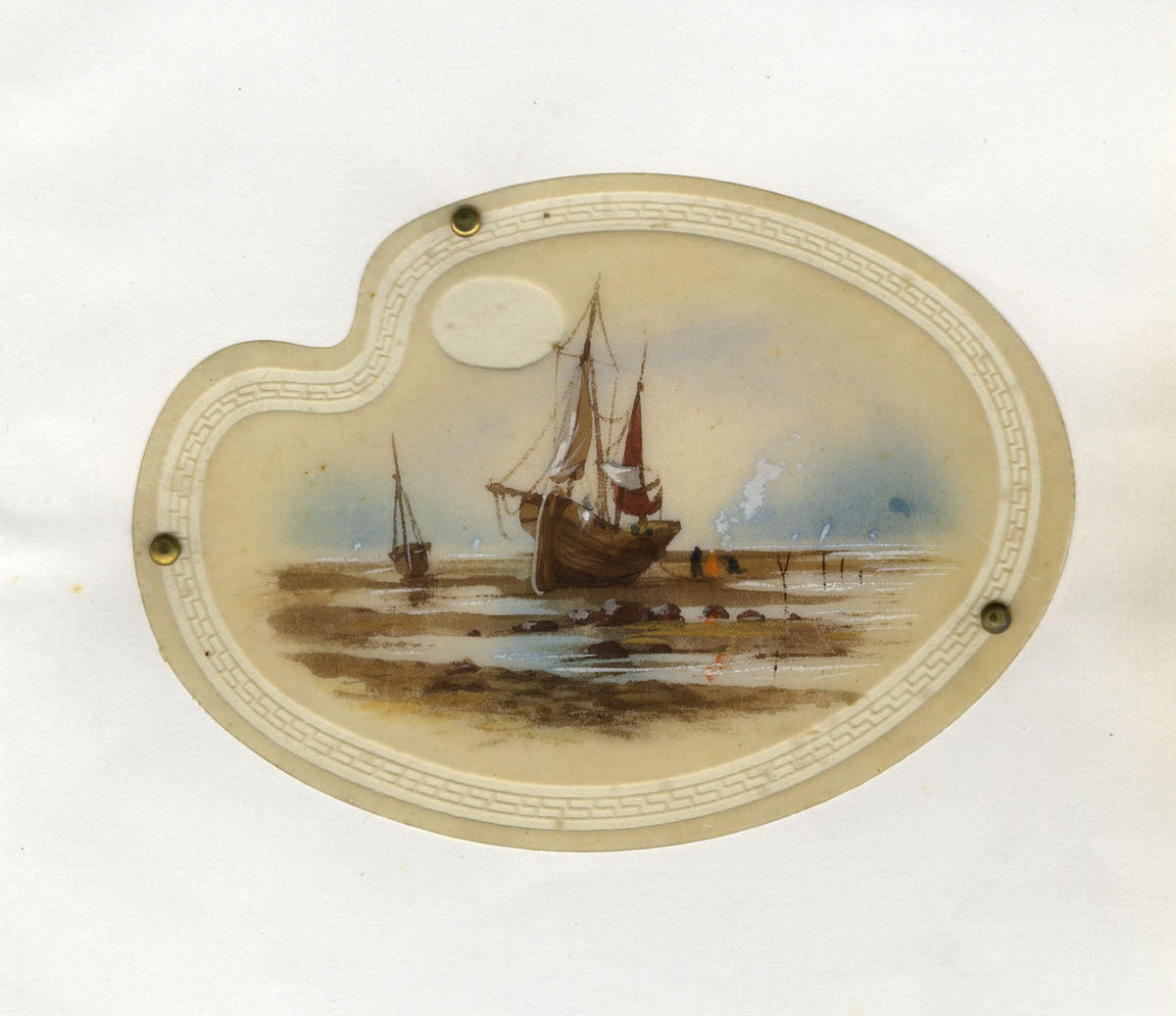 Barco de vela varado – Pintura de acuarela original de finales del siglo XIX