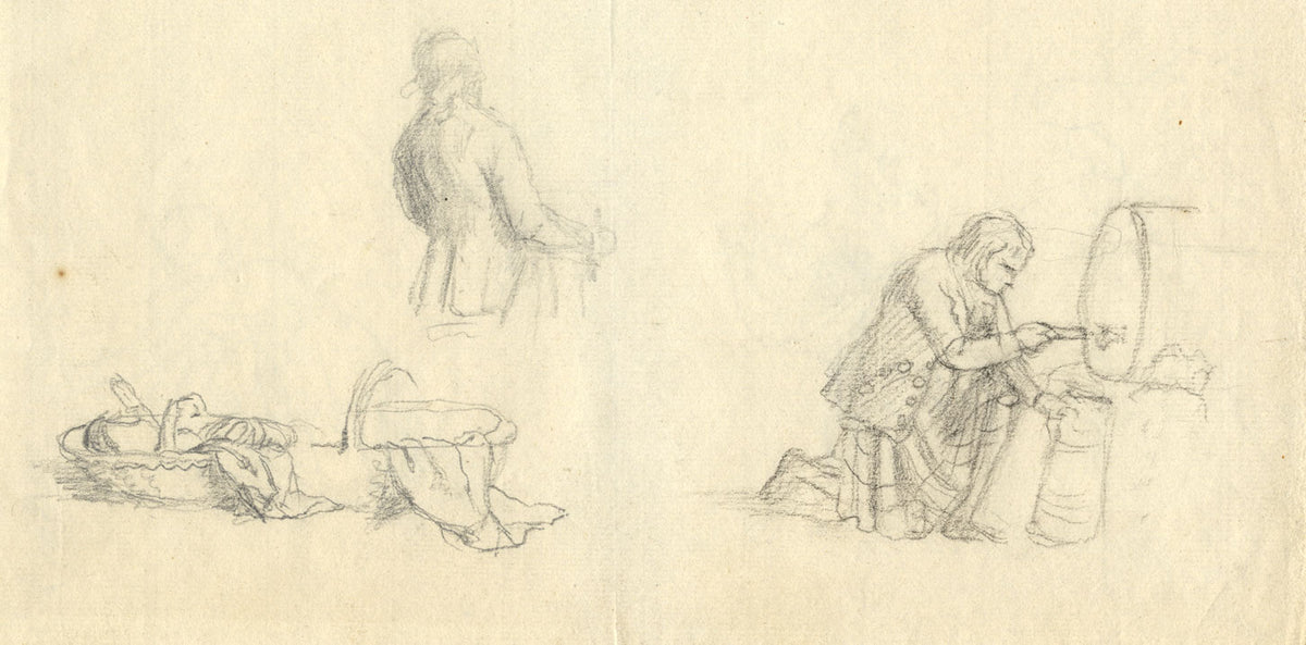 Preparatory Studies, Scotsman with Whisky Barrel–c1800 graphite/charcoal drawing