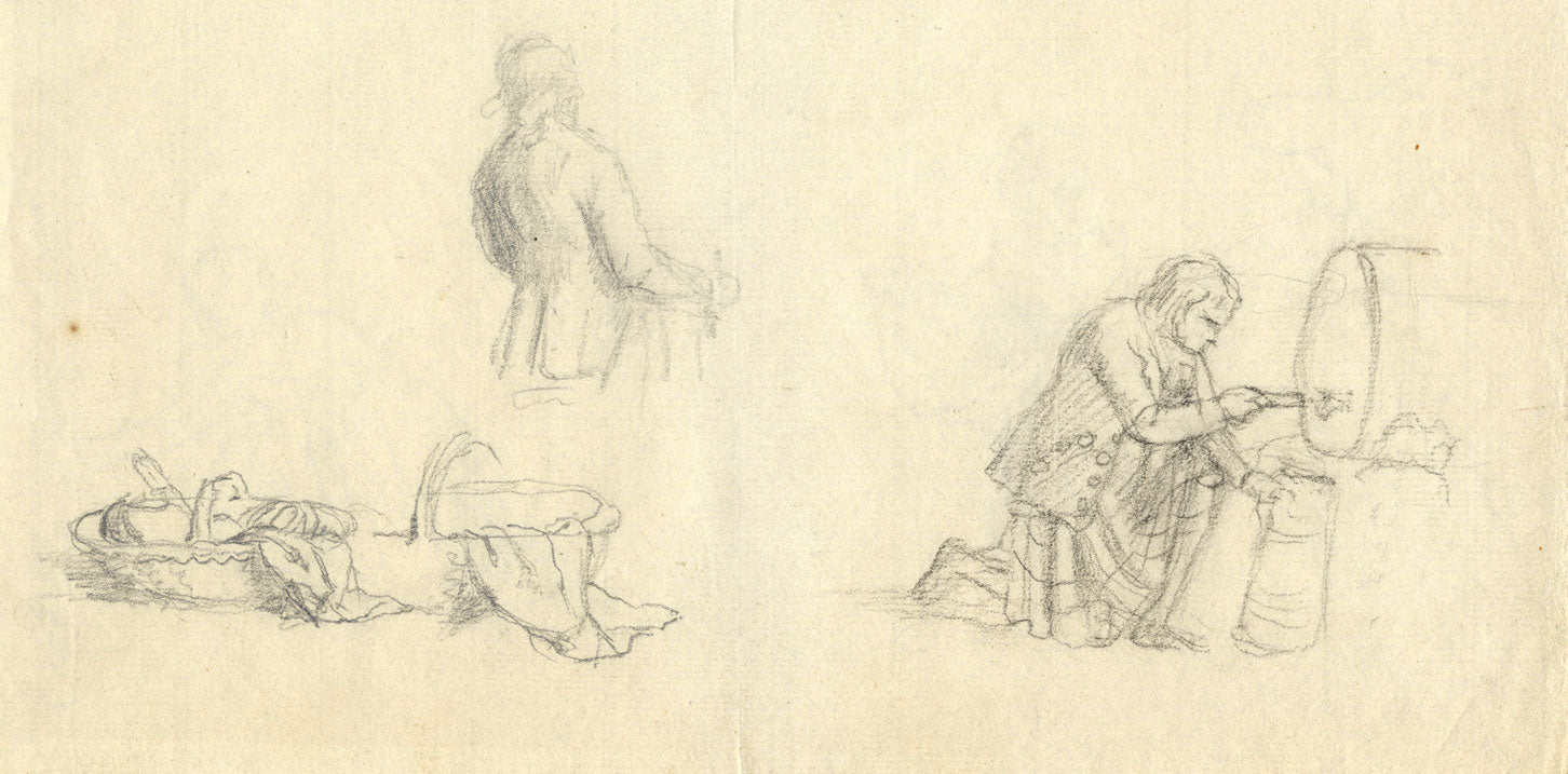 Preparatory Studies, Scotsman with Whisky Barrel–c1800 graphite/charcoal drawing