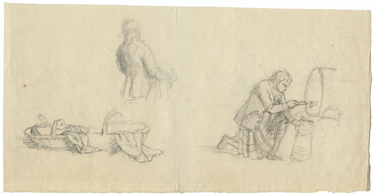 Studi preparatori, Scozzese con botte di whisky – disegno a grafite/carboncino del 1800 circa