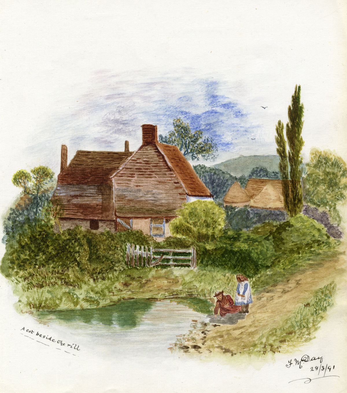 F.M. Day, A Cot beside the Rill – Original 1891 watercolour painting