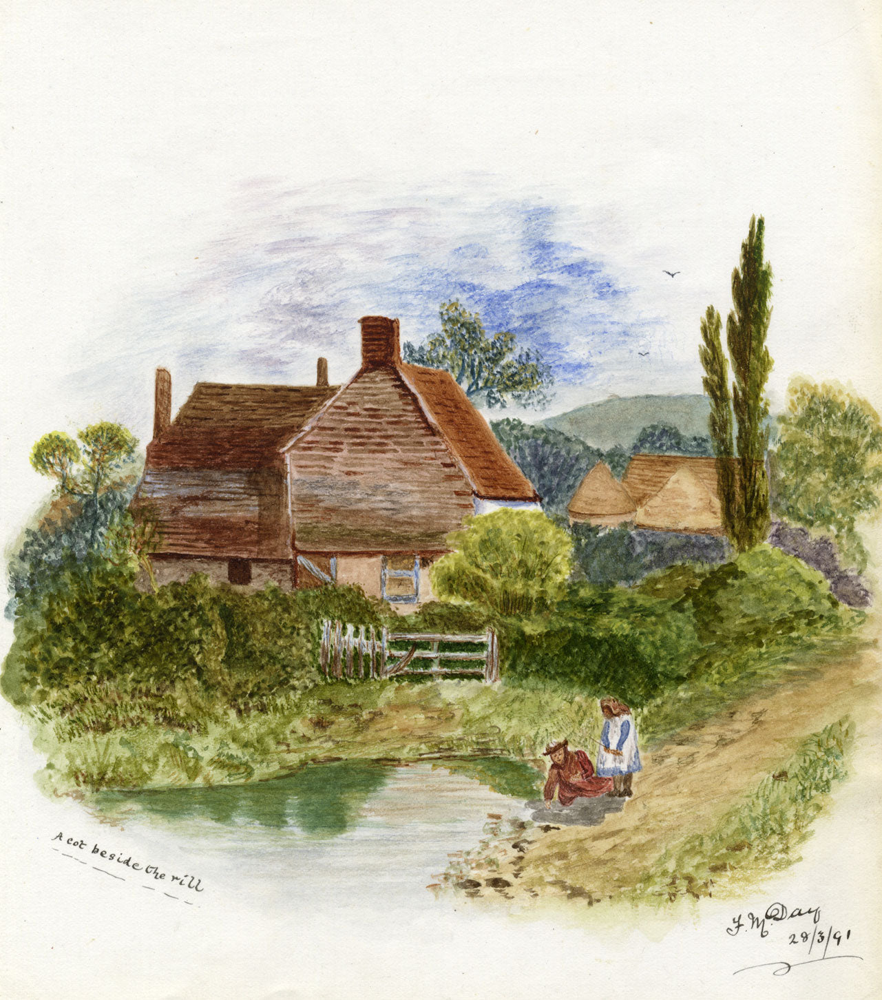 F.M. Day, A Cot beside the Rill – Original 1891 watercolour painting