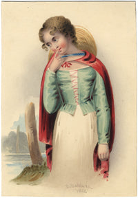 B. Baldwin, Giovane donna all'aperto con mantello e cappello di paglia – acquerello del 1828