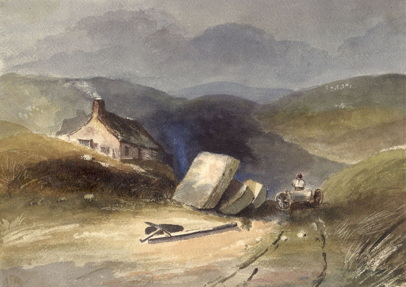 Mountain Stone Quarry with Bothy & Figure – early 19th-century watercolour