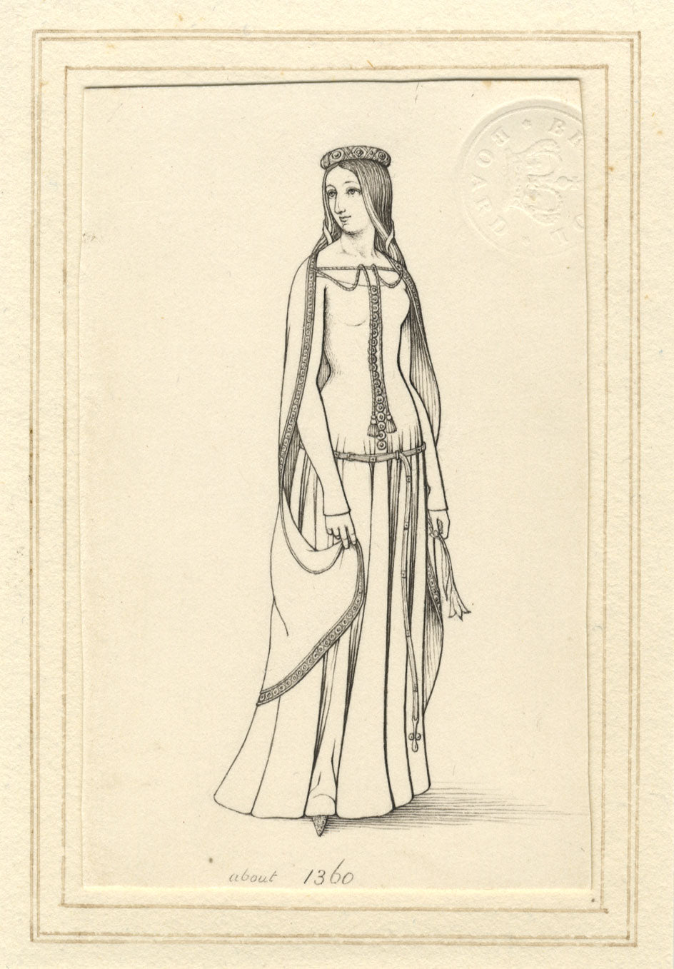 Medieval Lady c.1360 from a Monumental Brass – c.1830s pen & ink drawing