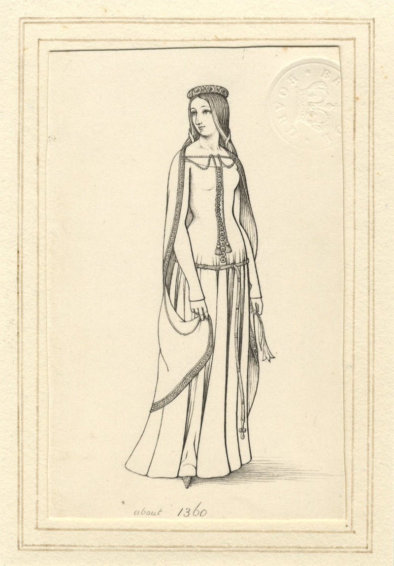 Medieval Lady c.1360 from a Monumental Brass – c.1830s pen & ink drawing