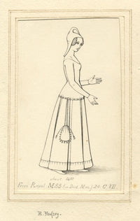 Dama medieval c.1410 de un manuscrito real – dibujo a pluma y tinta de la década de 1830