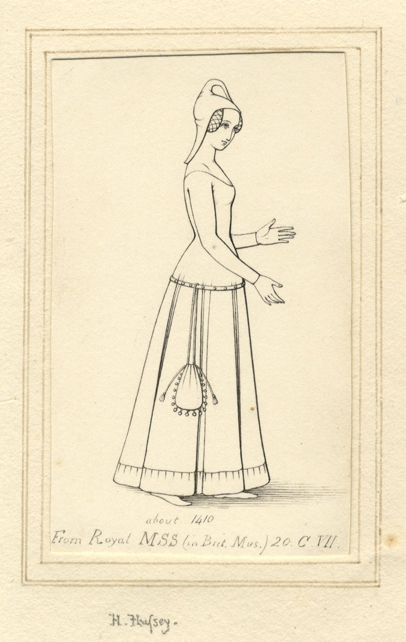 Dama medieval c.1410 de un manuscrito real – dibujo a pluma y tinta de la década de 1830