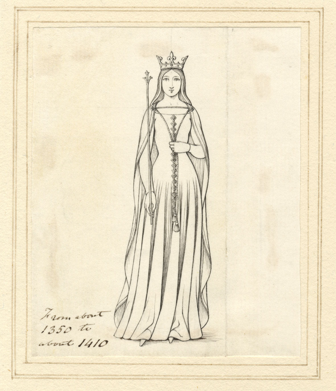H. Hussey, Reina medieval de un latón monumental – dibujo a pluma y tinta de la década de 1830