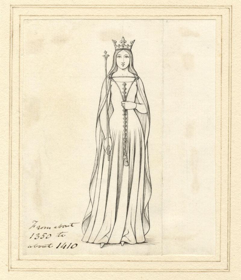 H. Hussey, Reina medieval de un latón monumental – dibujo a pluma y tinta de la década de 1830