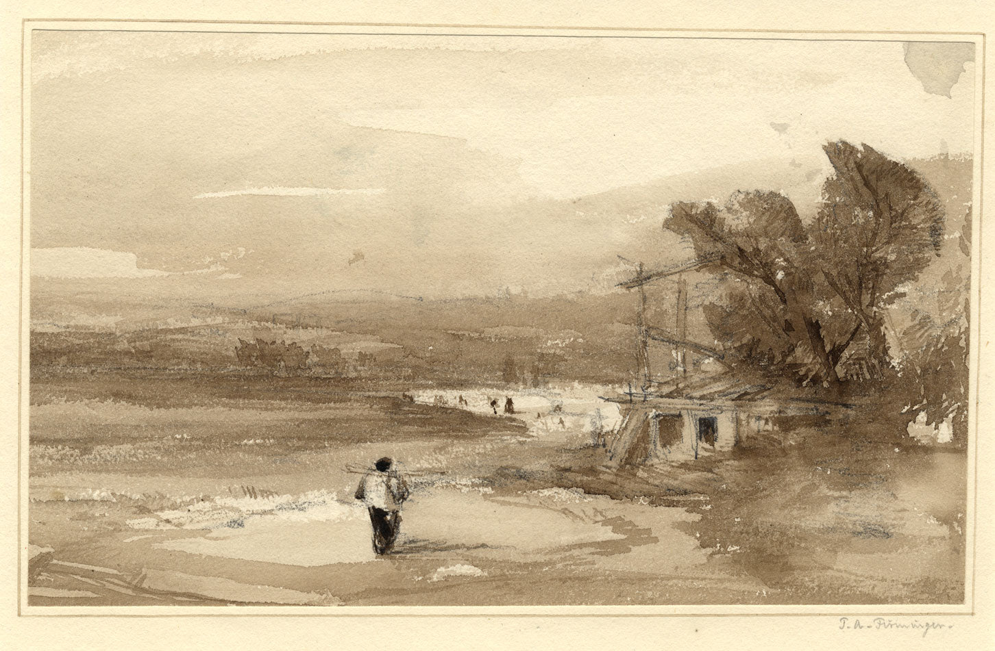 J.A. Firmingen, Figure in a Landscape in Sepia – early 19th-century watercolour
