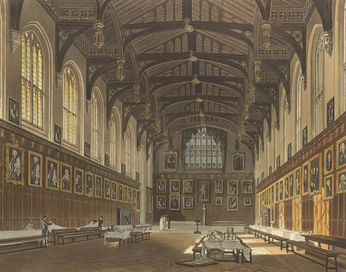 Interior of Christchurch Hall, Oxford – early C19th hand-coloured engraving