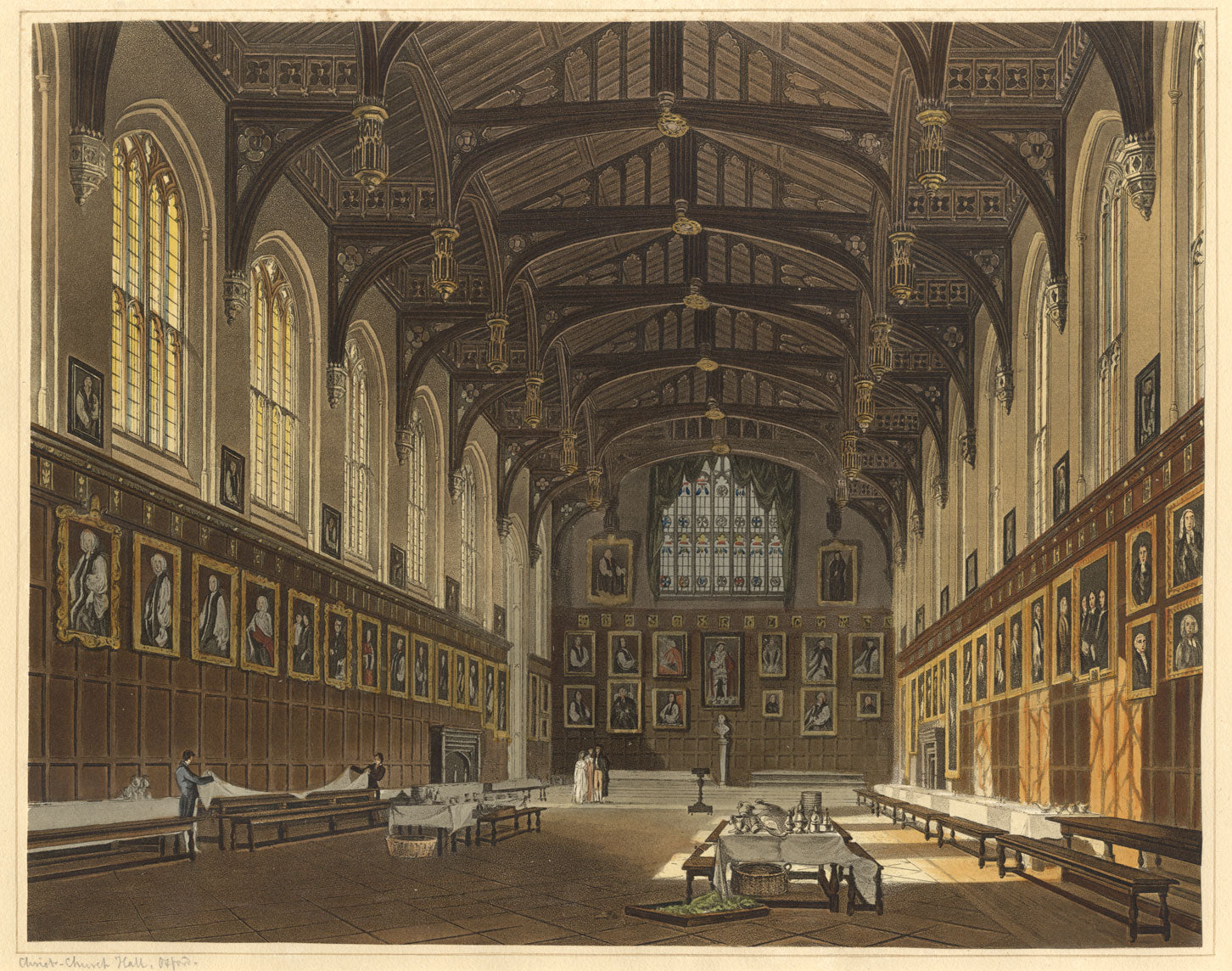 Interior of Christchurch Hall, Oxford – early C19th hand-coloured engraving